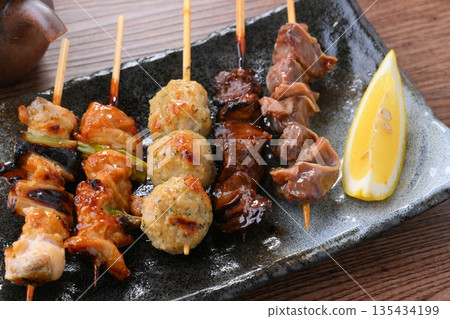 Assorted yakitori. Yakitori, grilled chicken, yakitori. Chicken dishes. Grilled skewers. Assorted yakitori. Yakitori, grilled chicken, yakitori. Chicken dishes. Grilled skewers. 135434199