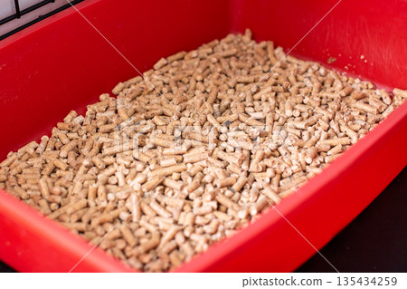 Indoor scene showcasing earthfriendly cat litter with soft lighting and hygienic arrangement Indoor scene showcasing earthfriendly cat litter with soft lighting and hygienic arrangement 135434259