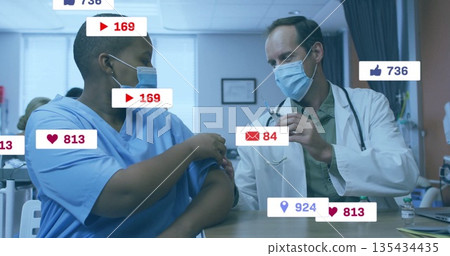Injecting doctor in white coat giving vaccine shot to patient by clinic desk, with syringe 135434435