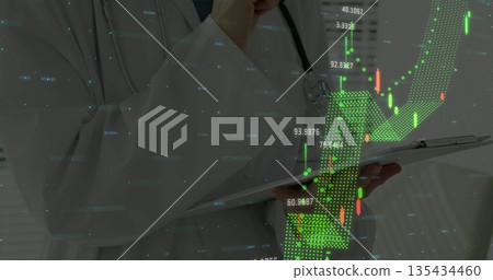 Female doctor in lab coat, stethoscope, analyzing candlestick chart in clinic holding clipboard pen 135434460