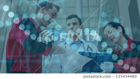Discussing lead doctor holding clipboard and stethoscope in glass corridor, with molecular overlay Discussing lead doctor holding clipboard and stethoscope in glass corridor, with molecular overlay 135434469