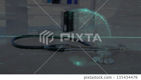 Resting medical stethoscope on desk in medical office, with green holographic globe data 135434476