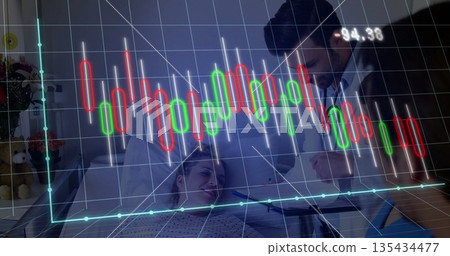 Patient wearing gown lying in hospital bed, with doctor holding clipboard and pen, chart overlay 135434477