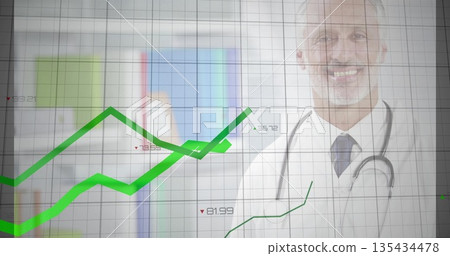 Analyzing doctor wearing white coat, stethoscope at clinic, with green graph overlay, copy space 135434478
