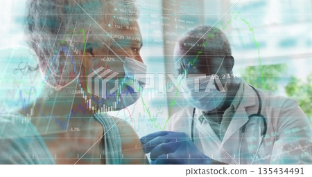Doctor administering vaccine to patient in clinic, with syringe, stethoscope, gloves and charts Doctor administering vaccine to patient in clinic, with syringe, stethoscope, gloves and charts 135434491