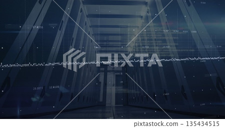 Displaying data center corridor, with server racks and floating numeric data points Displaying data center corridor, with server racks and floating numeric data points 135434515