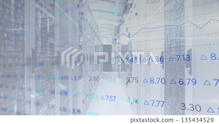 Displaying data center corridor with raised-floor panels, server racks and financial data overlay Displaying data center corridor with raised-floor panels, server racks and financial data overlay 135434529