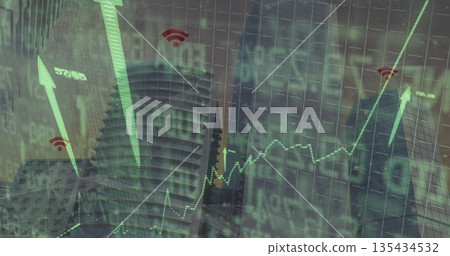 Projecting skyscrapers showing line charts and arrows over urban skyline, with tickers, Wi-Fi icons 135434532