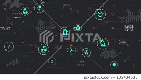Displaying circuit with glowing eco icons featuring recycle plug turbine hazard sign on dark panel Displaying circuit with glowing eco icons featuring recycle plug turbine hazard sign on dark panel 135434533