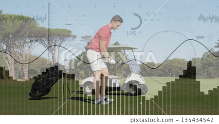 Swinging golfer wearing polo shirt gripping golf club on golf course, with golf cart, golf bag Swinging golfer wearing polo shirt gripping golf club on golf course, with golf cart, golf bag 135434542