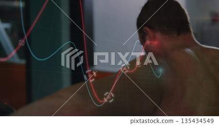 Showing shirtless male athlete leaning forward during gym with digital graph overlay, copy space 135434549