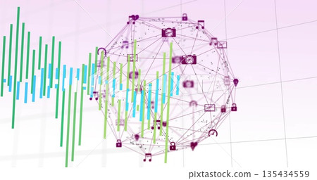 Floating translucent network sphere connecting nodes on data screen, with icons, waveform, and grid 135434559