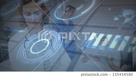 Interacting doctor in lab coat analyzing holographic data in hospital ward, with patient chart Interacting doctor in lab coat analyzing holographic data in hospital ward, with patient chart 135434580