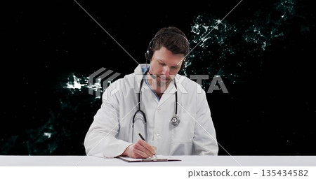 Doctor wearing white coat writing on clipboard in studio, with stethoscope, pen, headset Doctor wearing white coat writing on clipboard in studio, with stethoscope, pen, headset 135434582