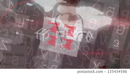 Female doctor wearing scrubs adjusting stethoscope in clinic, with digital map and red bar overlays Female doctor wearing scrubs adjusting stethoscope in clinic, with digital map and red bar overlays 135434598