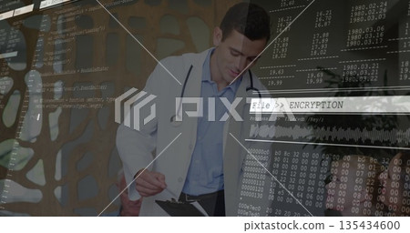 Holding clipboard and pen doctor reviewing encryption code at reception desk, wearing lab coat 135434600