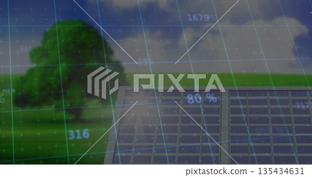 Displaying photovoltaic solar panels collecting energy on green field, with digital grid overlay Displaying photovoltaic solar panels collecting energy on green field, with digital grid overlay 135434631