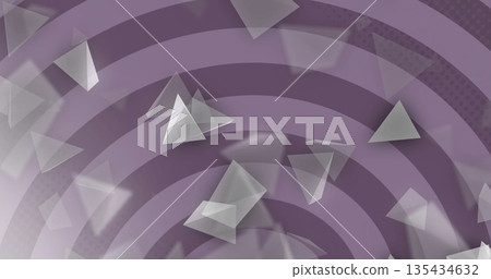 Floating cluster of translucent triangles drifting across purple rings, with halftone dot texture 135434632