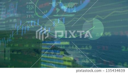 Displaying financial overlay on coastline and ocean, with line charts, percentages and world map 135434639