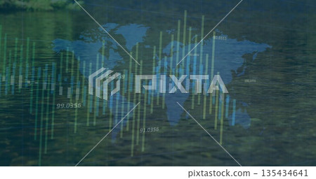 Displaying blue world map overlaying rippling lake water, with green yellow bars and numeric labels Displaying blue world map overlaying rippling lake water, with green yellow bars and numeric labels 135434641