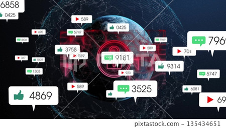 Displaying globe securing data in virtual network, with padlock badges showing likes comments plays 135434651