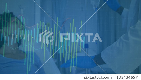 Lying man on hospital bed wearing gown receiving IV infusion in hospital ward, chart overlays 135434657