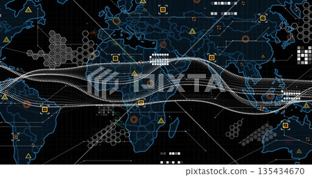 Displaying neon world map pulsing on dark grid background, streaming white waves with data markers Displaying neon world map pulsing on dark grid background, streaming white waves with data markers 135434670