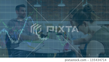 Analyzing financial data, three professionals collaborating in conference room, with laptops Analyzing financial data, three professionals collaborating in conference room, with laptops 135434714