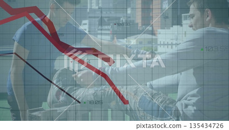 Two men carrying limp person on urban rooftop, with semi-transparent financial chart overlay Two men carrying limp person on urban rooftop, with semi-transparent financial chart overlay 135434726