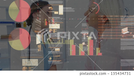 Consulting physician wearing lab coat and stethoscope with patient in office showing data overlays Consulting physician wearing lab coat and stethoscope with patient in office showing data overlays 135434731