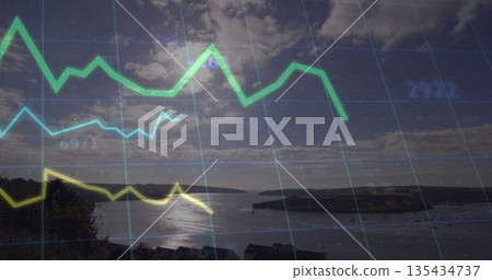 Displaying wide coastal bay vista at seaside overlook, with faint data grid and colored line charts Displaying wide coastal bay vista at seaside overlook, with faint data grid and colored line charts 135434737