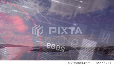 Showing coastal bay at dawn, with moored boats, low peninsula, red HUD grid and numeric readouts Showing coastal bay at dawn, with moored boats, low peninsula, red HUD grid and numeric readouts 135434744