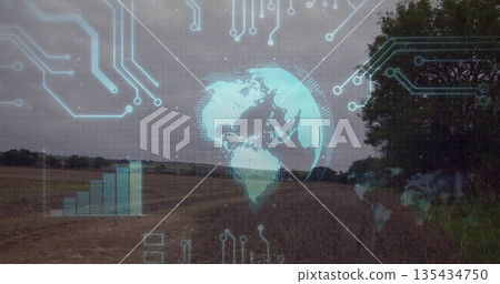 Projecting glowing Earth hologram over plowed field with circuit traces, bar chart and grid overlay 135434750