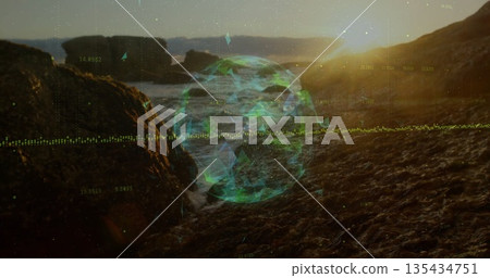 Spinning holographic 3D globe hovering above rocky shoreline at sunrise, with numeric data points Spinning holographic 3D globe hovering above rocky shoreline at sunrise, with numeric data points 135434751