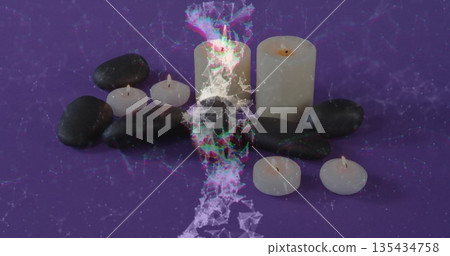 Showing white pillar candles, tealights and black stones on purple cloth with triangle mesh overlay Showing white pillar candles, tealights and black stones on purple cloth with triangle mesh overlay 135434758