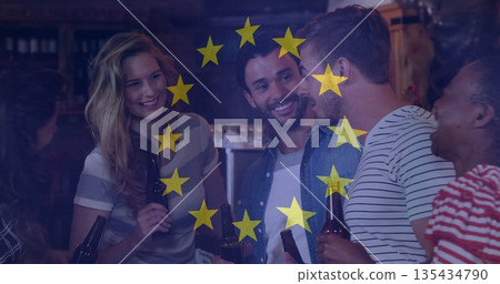 Laughing group of friends holding beer bottles at bar counter, with golden star circle overlay Laughing group of friends holding beer bottles at bar counter, with golden star circle overlay 135434790