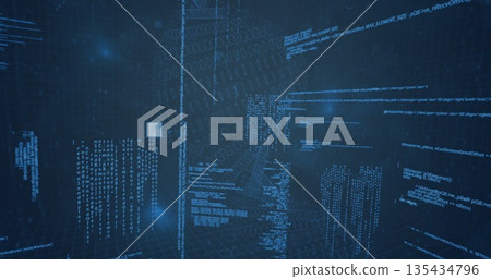 Floating code panels, binary flow, grids and clear blocks drifting in cyberspace with glowing nodes Floating code panels, binary flow, grids and clear blocks drifting in cyberspace with glowing nodes 135434796