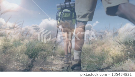 Trekking two hikers' lower bodies navigating narrow dirt path, with backpack and trekking pole Trekking two hikers' lower bodies navigating narrow dirt path, with backpack and trekking pole 135434821