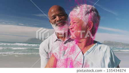 Wrapping arms mature man hugging senior woman on sandy beach, with ocean waves and distant hills Wrapping arms mature man hugging senior woman on sandy beach, with ocean waves and distant hills 135434874