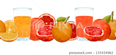 Artistic Watercolor Composition Showcasing Halved And Whole Citrus Fruits With Refreshing Drinks 135434962