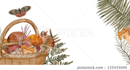 artistic fungi arrangement, autumnthemed basket illustrating diverse fungi and leafy elements for branding 135435040