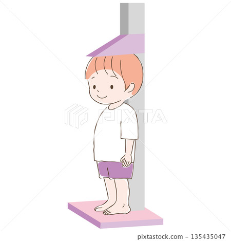 圖解:一個男孩正在使用身高測量儀測量身高。 圖解:一個男孩正在使用身高測量儀測量身高。 135435047