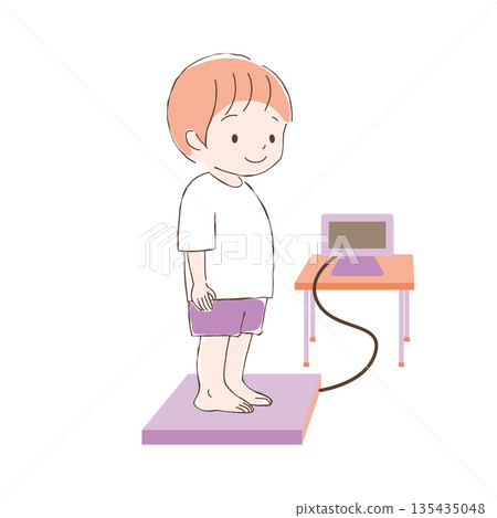 男孩在體重計上測量體重的插圖 135435048