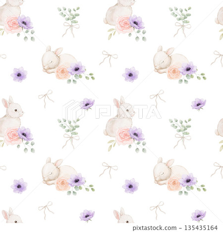 Seamless pattern with cute bunny sitting with spring flowers, perfect for nursery decor, and newborn fabric, hand drawn illustrations on white background Seamless pattern with cute bunny sitting with spring flowers, perfect for nursery decor, and newborn fabric, hand drawn illustrations on white background 135435164
