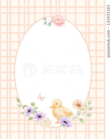 Watercolour checkered frame with spring flowers and cute duckling. Floral template with white background for design in cottagecore style Watercolour checkered frame with spring flowers and cute duckling. Floral template with white background for design in cottagecore style 135435165
