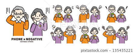 Vector illustration set of elderly men and women with various expressions and poses holding smartphones - color 135435221