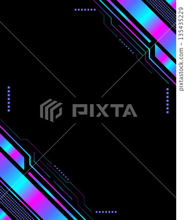 Futuristic cyber technology frame with neon blue and purple gradients and digital geometric lines on a black background for gaming and tech layout 135435229