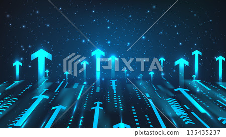Blue glowing arrows pointing upward on digital background representing business growth and technological progress in a futuristic dark space Blue glowing arrows pointing upward on digital background representing business growth and technological progress in a futuristic dark space 135435237