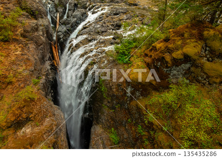 Streams of the rocky waterfall in the river canyon in the forest. Streams of the rocky waterfall in the river canyon in the forest. 135435286