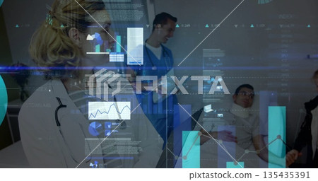 Consulting doctor examining patient in hospital exam room, with holographic data, copy space 135435391